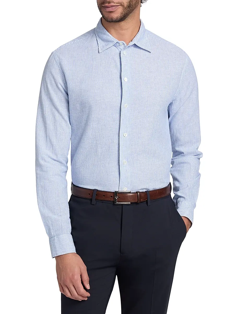 Emporio Armani Men's Pinstriped Linen-Cotton Button-Front Shirt | Thumbnail 3 Emporio Armani Men's Pinstriped Linen-Cotton Button-Front Shirt | Thumbnail 3