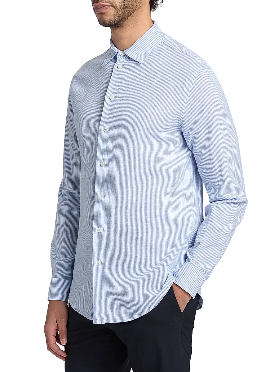 Emporio Armani Men's Pinstriped Linen-Cotton Button-Front Shirt | Thumbnail 4 Emporio Armani Men's Pinstriped Linen-Cotton Button-Front Shirt | Thumbnail 4
