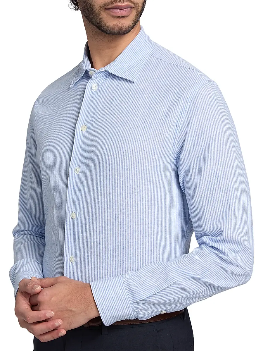 Emporio Armani Men's Pinstriped Linen-Cotton Button-Front Shirt | Thumbnail 6 Emporio Armani Men's Pinstriped Linen-Cotton Button-Front Shirt | Thumbnail 6