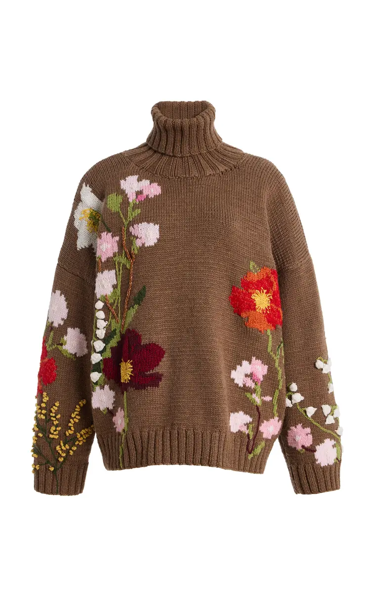 Oscar de la Renta Floral Intarsia Wool Sweater