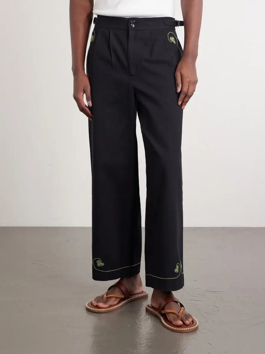 BODE Lucky Draw Straight-Leg Pleated Embroidered Cotton-Twill Trousers - Men | Thumbnail 3