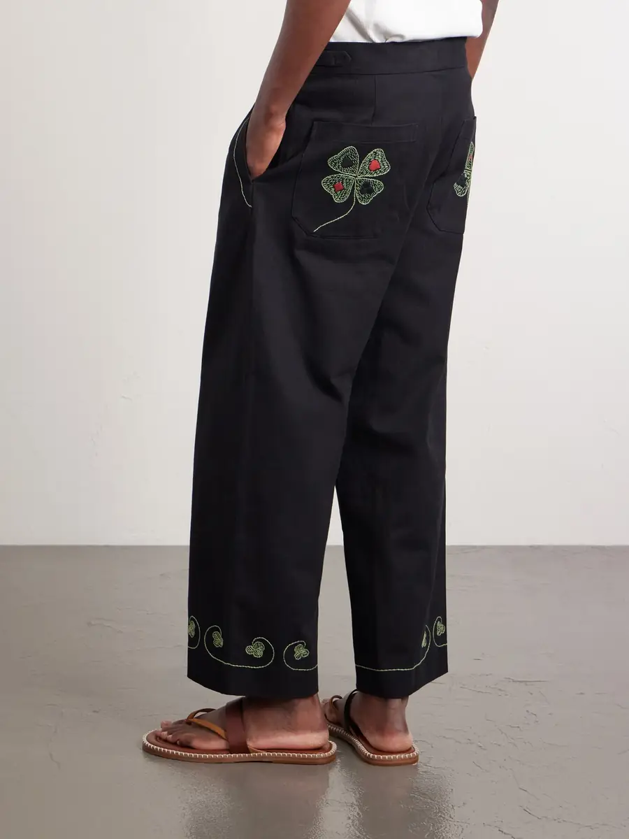 BODE Lucky Draw Straight-Leg Pleated Embroidered Cotton-Twill Trousers - Men | Thumbnail 4