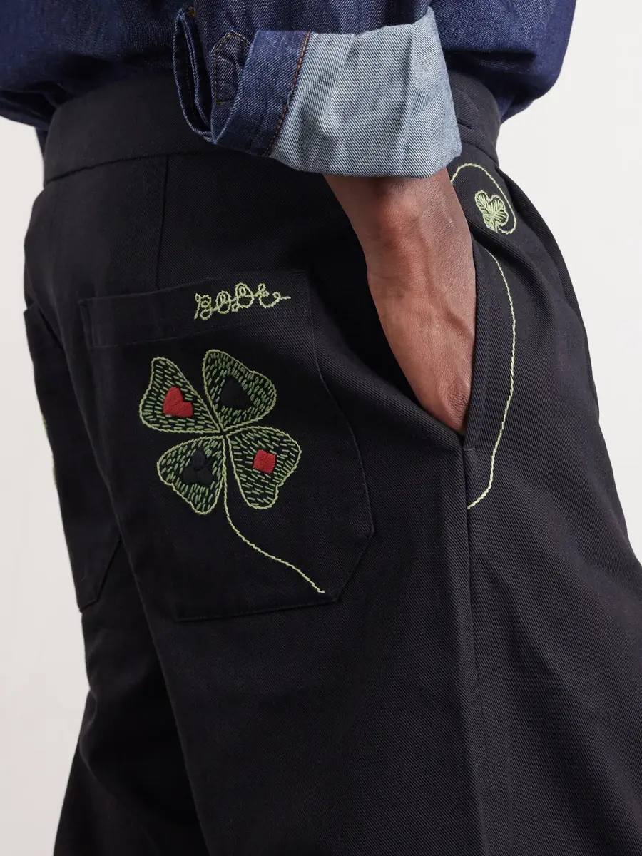 BODE Lucky Draw Straight-Leg Pleated Embroidered Cotton-Twill Trousers - Men | Thumbnail 5