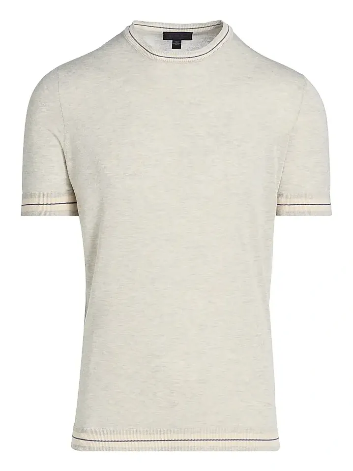 Men's Striped-Trim Cotton-Silk Short-Sleeve Sweater Men's Striped-Trim Cotton-Silk Short-Sleeve Sweater