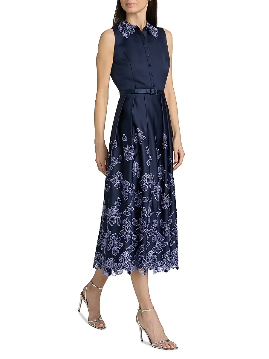 THEIA Women's Merisel Floral-Embroiderd Satin Sleeveless Shirtdress | Thumbnail 2 THEIA Women's Merisel Floral-Embroiderd Satin Sleeveless Shirtdress | Thumbnail 2