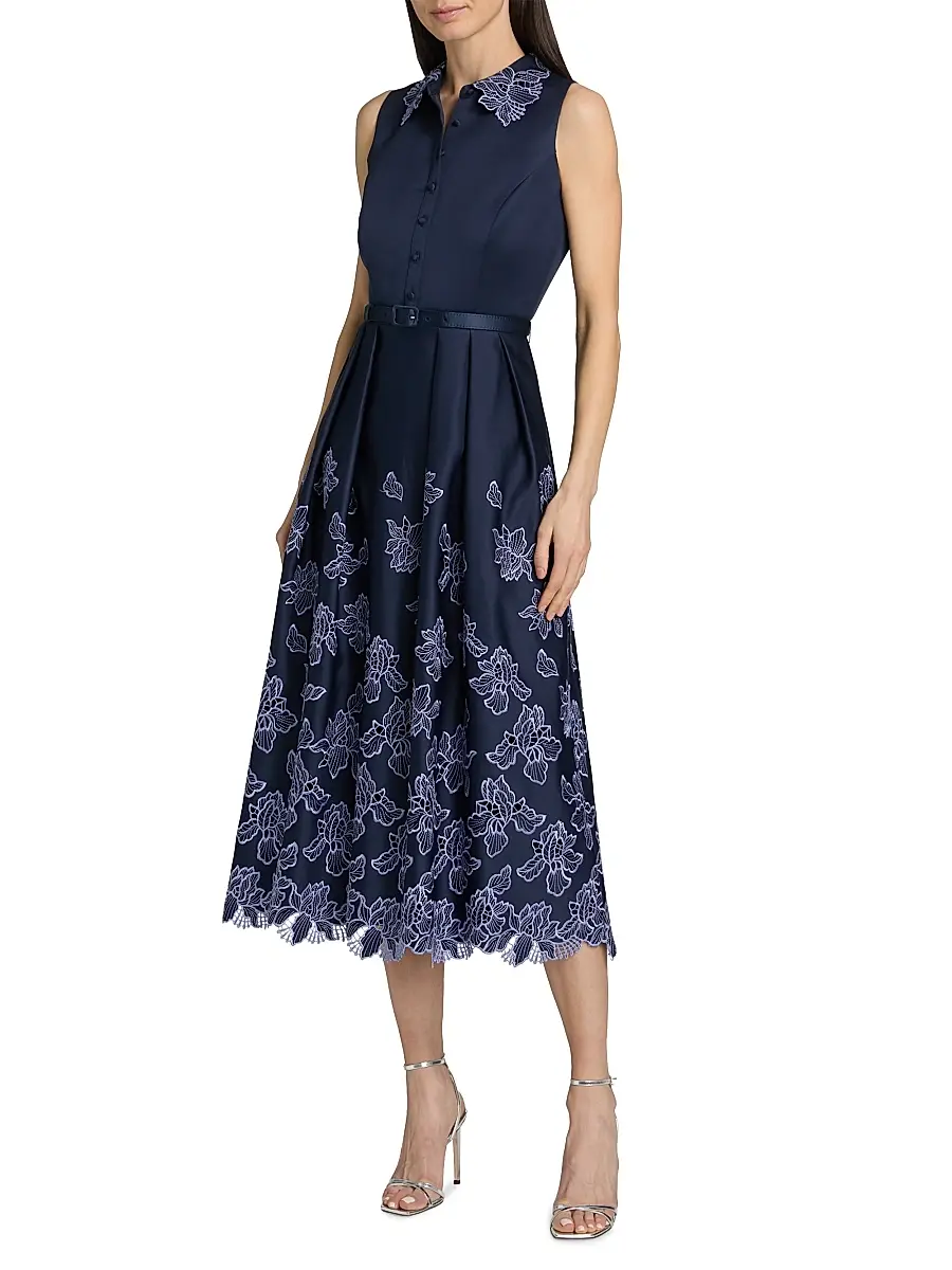 THEIA Women's Merisel Floral-Embroiderd Satin Sleeveless Shirtdress | Thumbnail 3 THEIA Women's Merisel Floral-Embroiderd Satin Sleeveless Shirtdress | Thumbnail 3