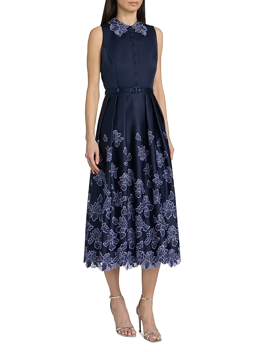 THEIA Women's Merisel Floral-Embroiderd Satin Sleeveless Shirtdress | Thumbnail 4 THEIA Women's Merisel Floral-Embroiderd Satin Sleeveless Shirtdress | Thumbnail 4