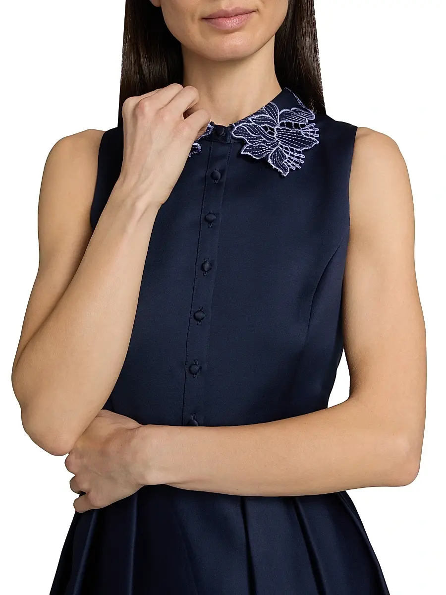 THEIA Women's Merisel Floral-Embroiderd Satin Sleeveless Shirtdress | Thumbnail 6 THEIA Women's Merisel Floral-Embroiderd Satin Sleeveless Shirtdress | Thumbnail 6