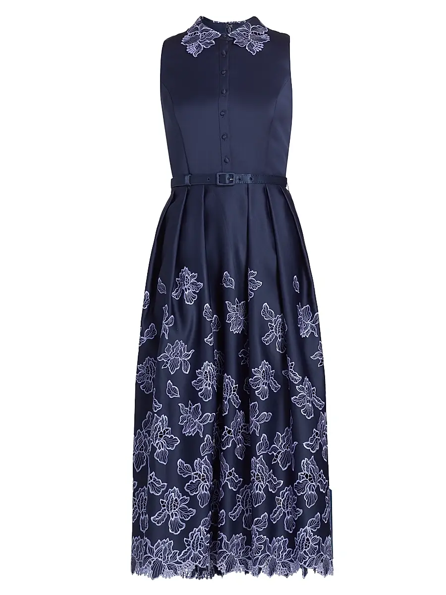 THEIA Women's Merisel Floral-Embroiderd Satin Sleeveless Shirtdress