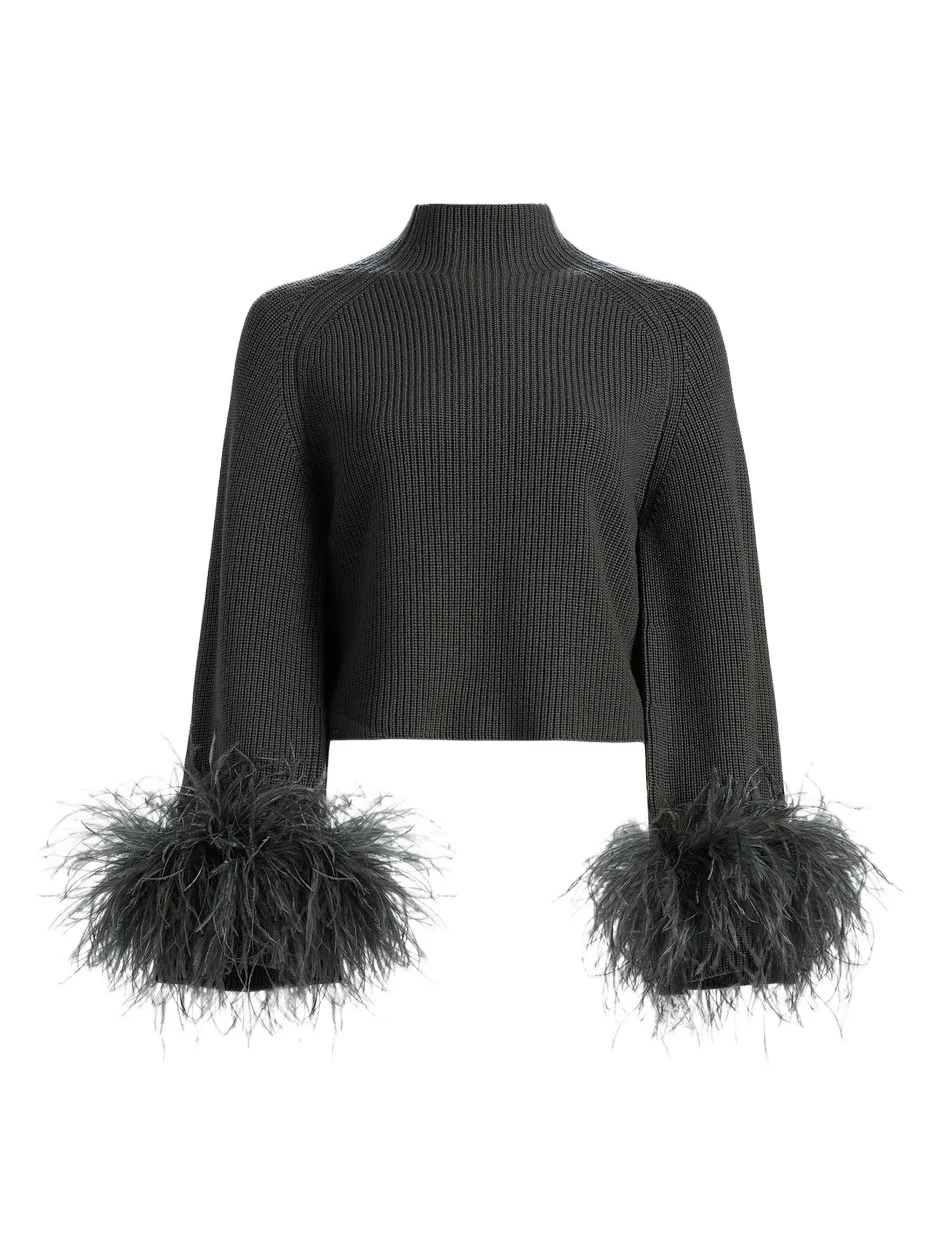 Lapointe Women's Feather-Cuff Mock Turtleneck Wool Sweater
