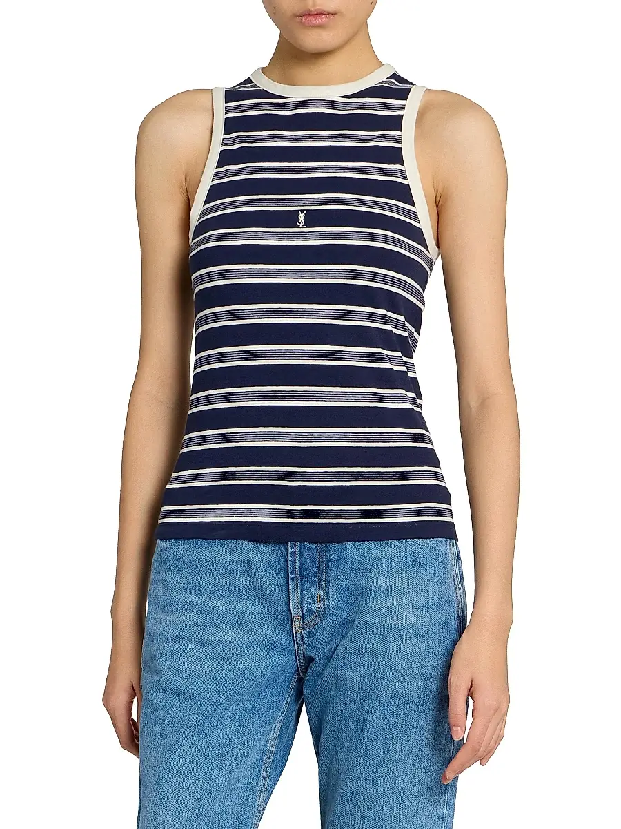 Saint Laurent Women's Cassandre Tank Top in Striped Cotton Jersey - Navy Ecru | Thumbnail 3 Saint Laurent Women's Cassandre Tank Top in Striped Cotton Jersey - Navy Ecru | Thumbnail 3