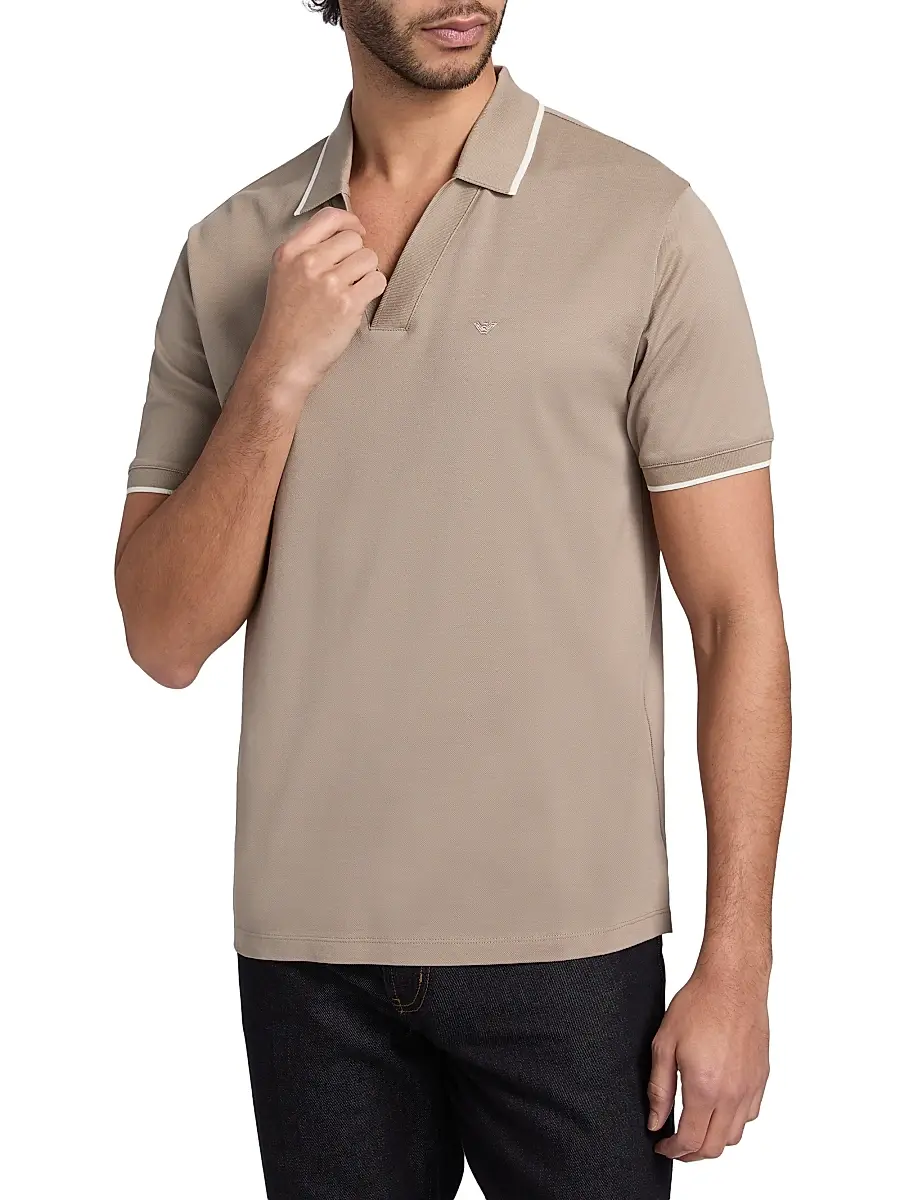 Emporio Armani Men's Rib-Knit Trim Cotton Polo Shirt - Vintage Khaki | Thumbnail 3 Emporio Armani Men's Rib-Knit Trim Cotton Polo Shirt - Vintage Khaki | Thumbnail 3