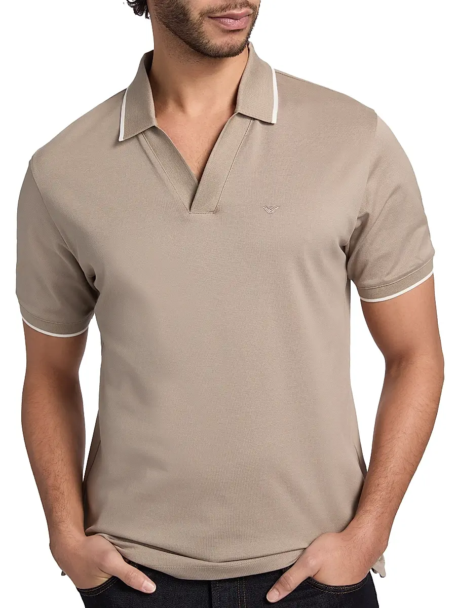 Emporio Armani Men's Rib-Knit Trim Cotton Polo Shirt - Vintage Khaki | Thumbnail 6 Emporio Armani Men's Rib-Knit Trim Cotton Polo Shirt - Vintage Khaki | Thumbnail 6