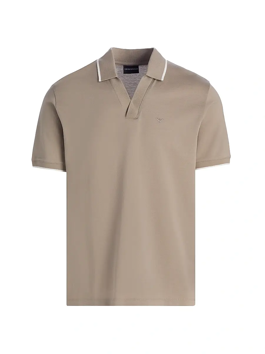 Emporio Armani Men's Rib-Knit Trim Cotton Polo Shirt - Vintage Khaki | Image 1 Emporio Armani Men's Rib-Knit Trim Cotton Polo Shirt - Vintage Khaki | Image 1