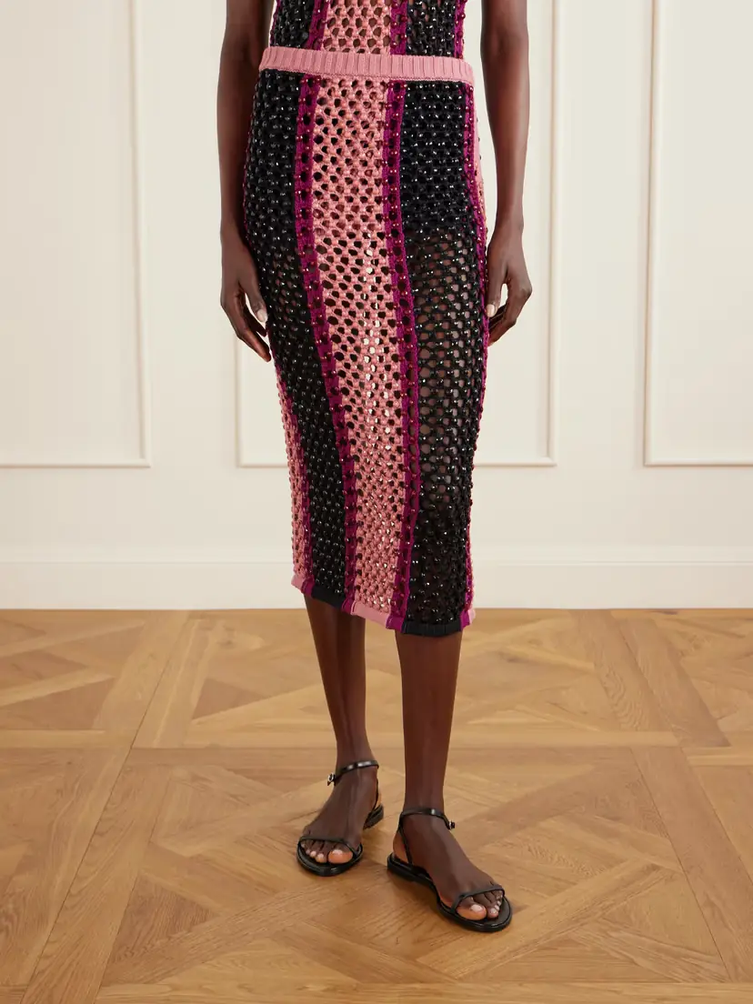 Diotima Spice Crystal-embellished Striped Crocheted Cotton-blend Midi Skirt | Thumbnail 3 Diotima Spice Crystal-embellished Striped Crocheted Cotton-blend Midi Skirt | Thumbnail 3