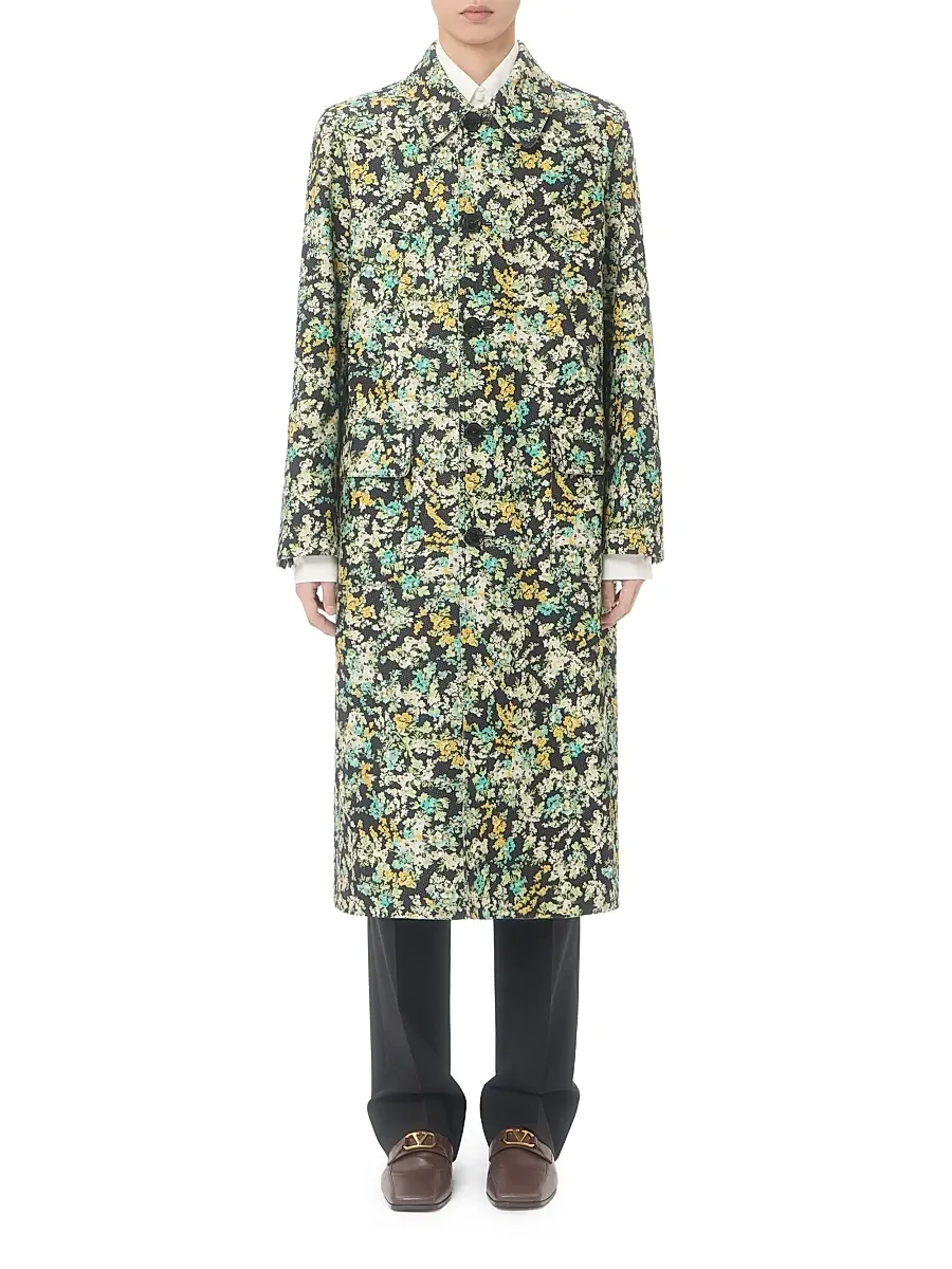 Valentino Garavani Men's Single-Breasted Coat in Cotton Drill with Papier Floral Print | Thumbnail 2 Valentino Garavani Men's Single-Breasted Coat in Cotton Drill with Papier Floral Print | Thumbnail 2