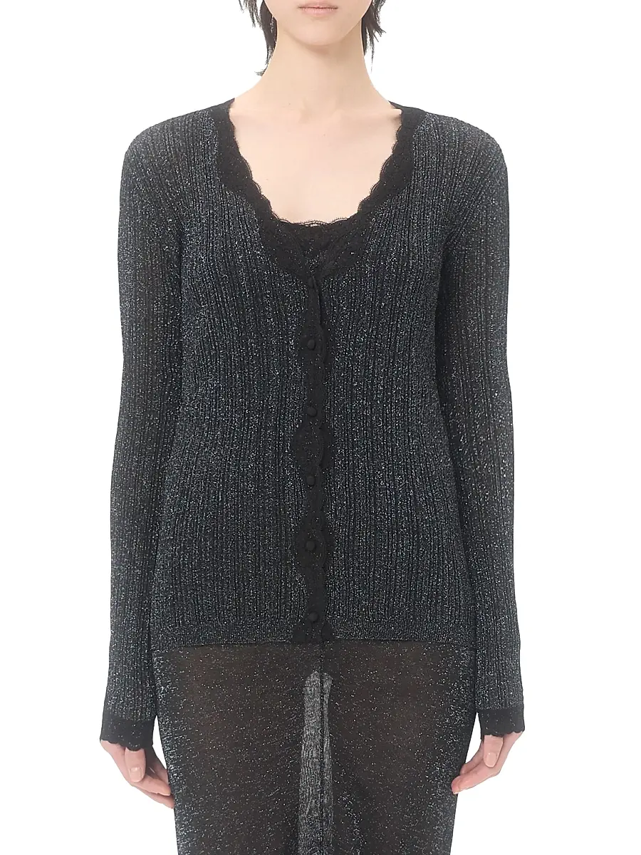 Valentino Women's Lurex Knit Cardigan with Lace - Black Silver | Thumbnail 2