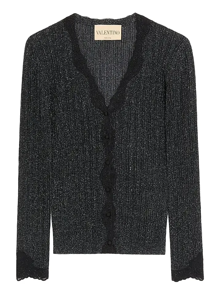 Women's Lurex Knit Cardigan with Lace - Black Silver