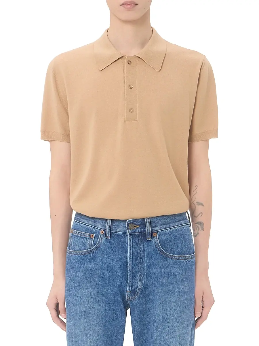 Valentino Men's Wool Polo Shirt with VLogo Embroidery - Beige | Thumbnail 2 Valentino Men's Wool Polo Shirt with VLogo Embroidery - Beige | Thumbnail 2