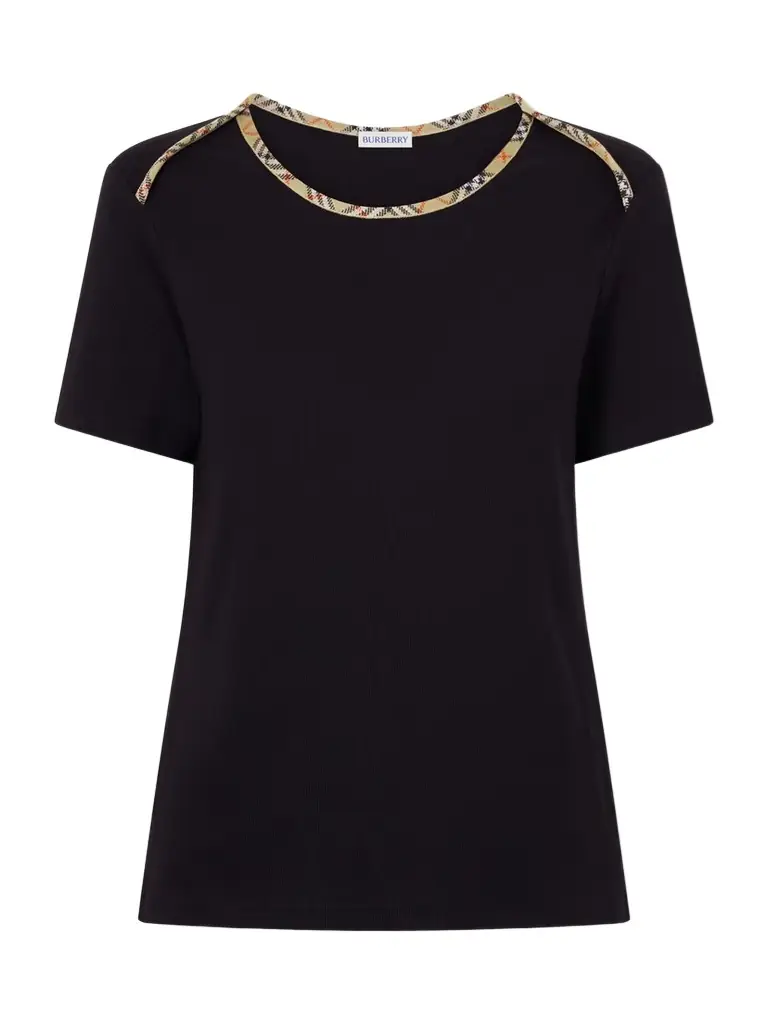 Burberry Stephanie Tartan-trimmed Stretch-cotton Jersey T-shirt | Image 1 Burberry Stephanie Tartan-trimmed Stretch-cotton Jersey T-shirt | Image 1