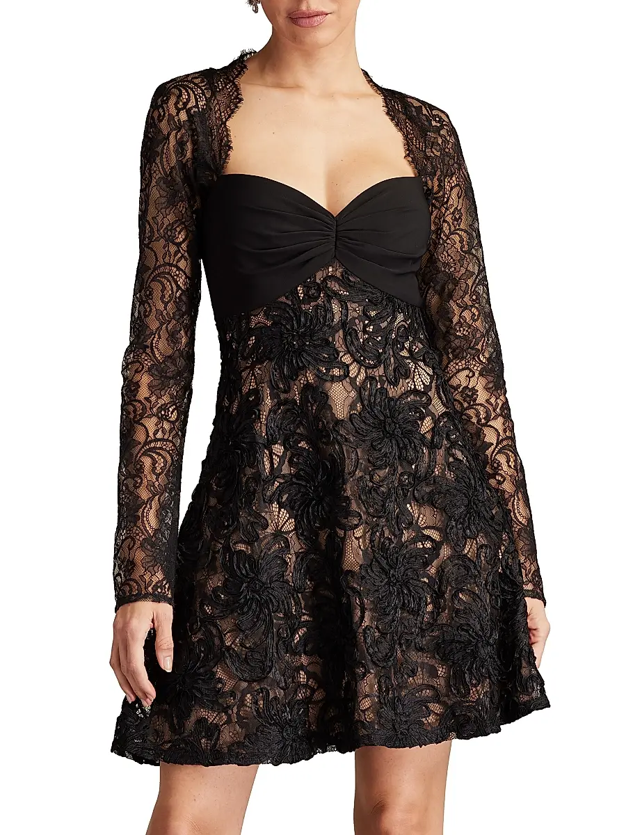 Sho by Tadashi Shoji Women's Floral Lace Long-Sleeve Minidress - Black Beige | Thumbnail 3