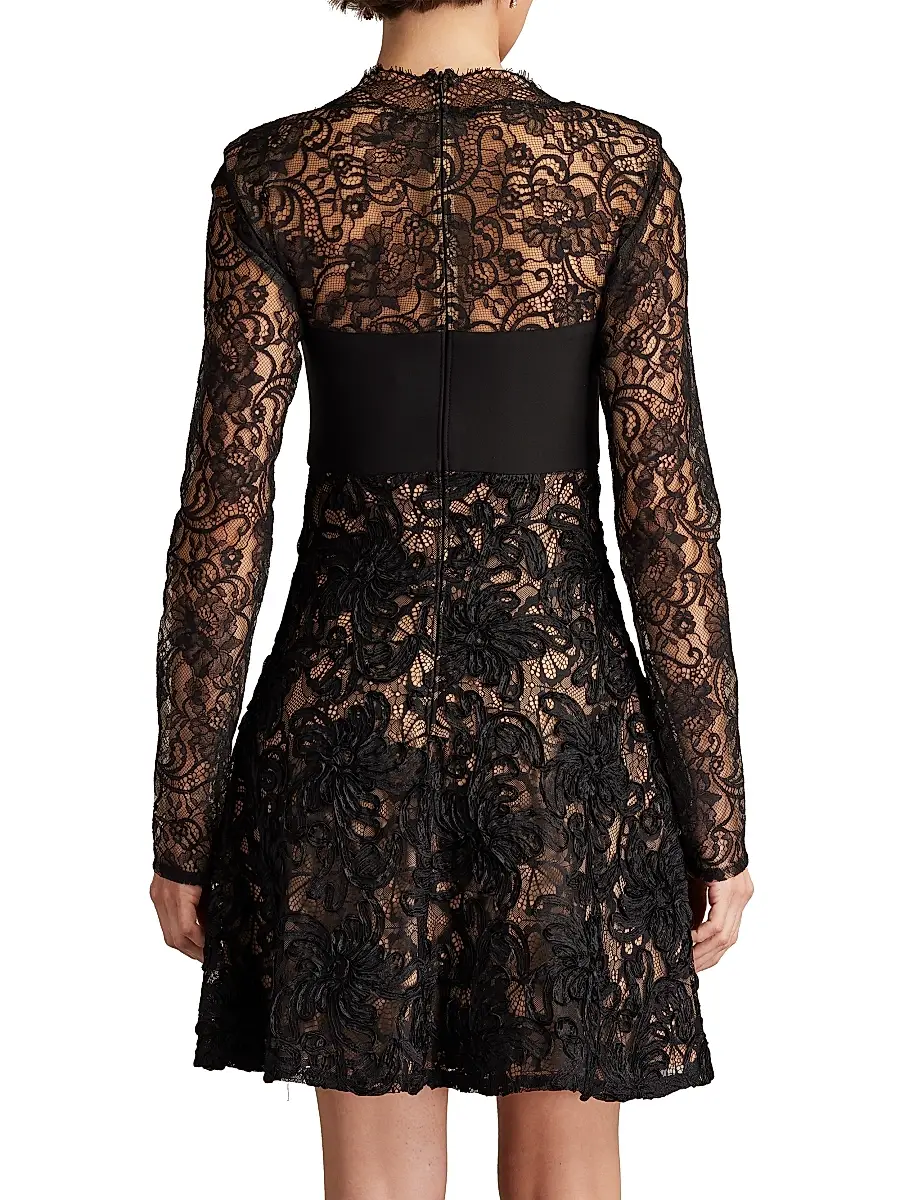 Sho by Tadashi Shoji Women's Floral Lace Long-Sleeve Minidress - Black Beige | Thumbnail 5
