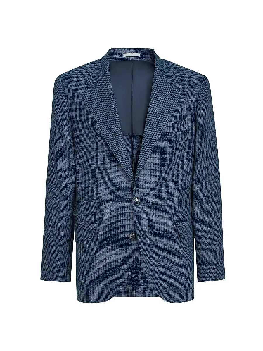 Brunello Cucinelli Men's Linen Houndstooth Deconstructed Cavallo Blazer with Metal Buttons | Thumbnail 2 Brunello Cucinelli Men's Linen Houndstooth Deconstructed Cavallo Blazer with Metal Buttons | Thumbnail 2