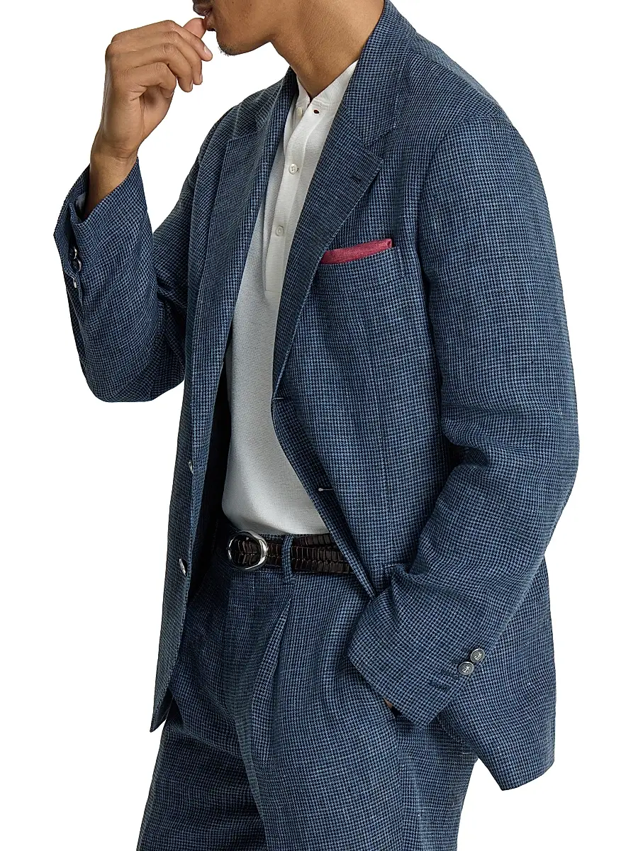 Brunello Cucinelli Men's Linen Houndstooth Deconstructed Cavallo Blazer with Metal Buttons | Thumbnail 3 Brunello Cucinelli Men's Linen Houndstooth Deconstructed Cavallo Blazer with Metal Buttons | Thumbnail 3