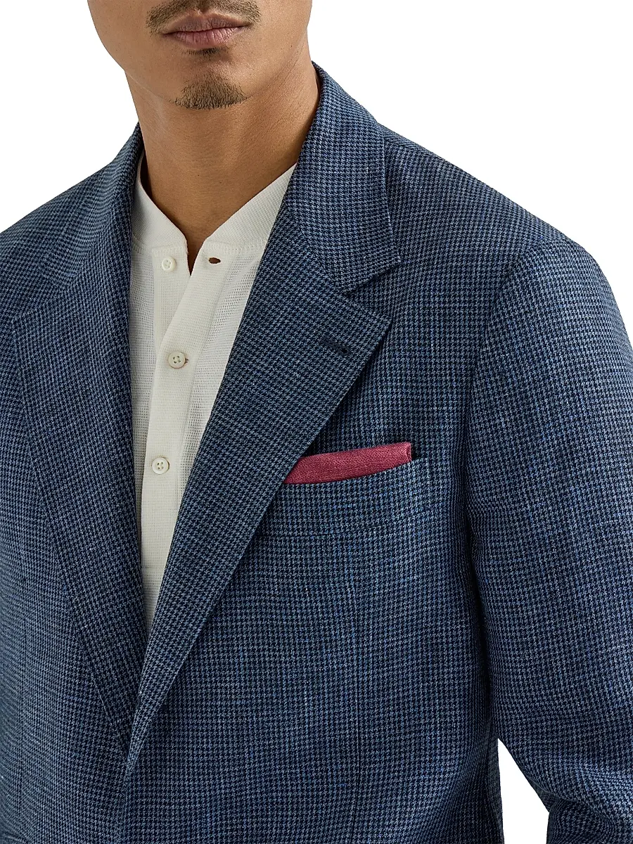 Brunello Cucinelli Men's Linen Houndstooth Deconstructed Cavallo Blazer with Metal Buttons | Thumbnail 5 Brunello Cucinelli Men's Linen Houndstooth Deconstructed Cavallo Blazer with Metal Buttons | Thumbnail 5