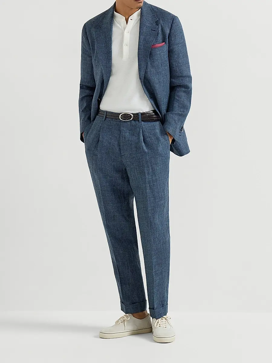 Brunello Cucinelli Men's Linen Houndstooth Deconstructed Cavallo Blazer with Metal Buttons | Thumbnail 6 Brunello Cucinelli Men's Linen Houndstooth Deconstructed Cavallo Blazer with Metal Buttons | Thumbnail 6
