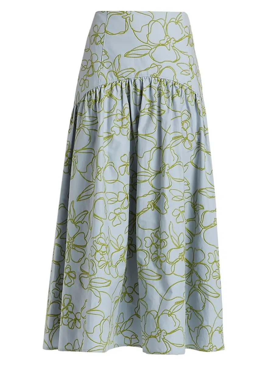 Cinq à Sept Women's Zoanne Linework Floral-Embroidered Cotton Midi-Skirt - Bluebell Pear Green | Image 1 Cinq à Sept Women's Zoanne Linework Floral-Embroidered Cotton Midi-Skirt - Bluebell Pear Green | Image 1