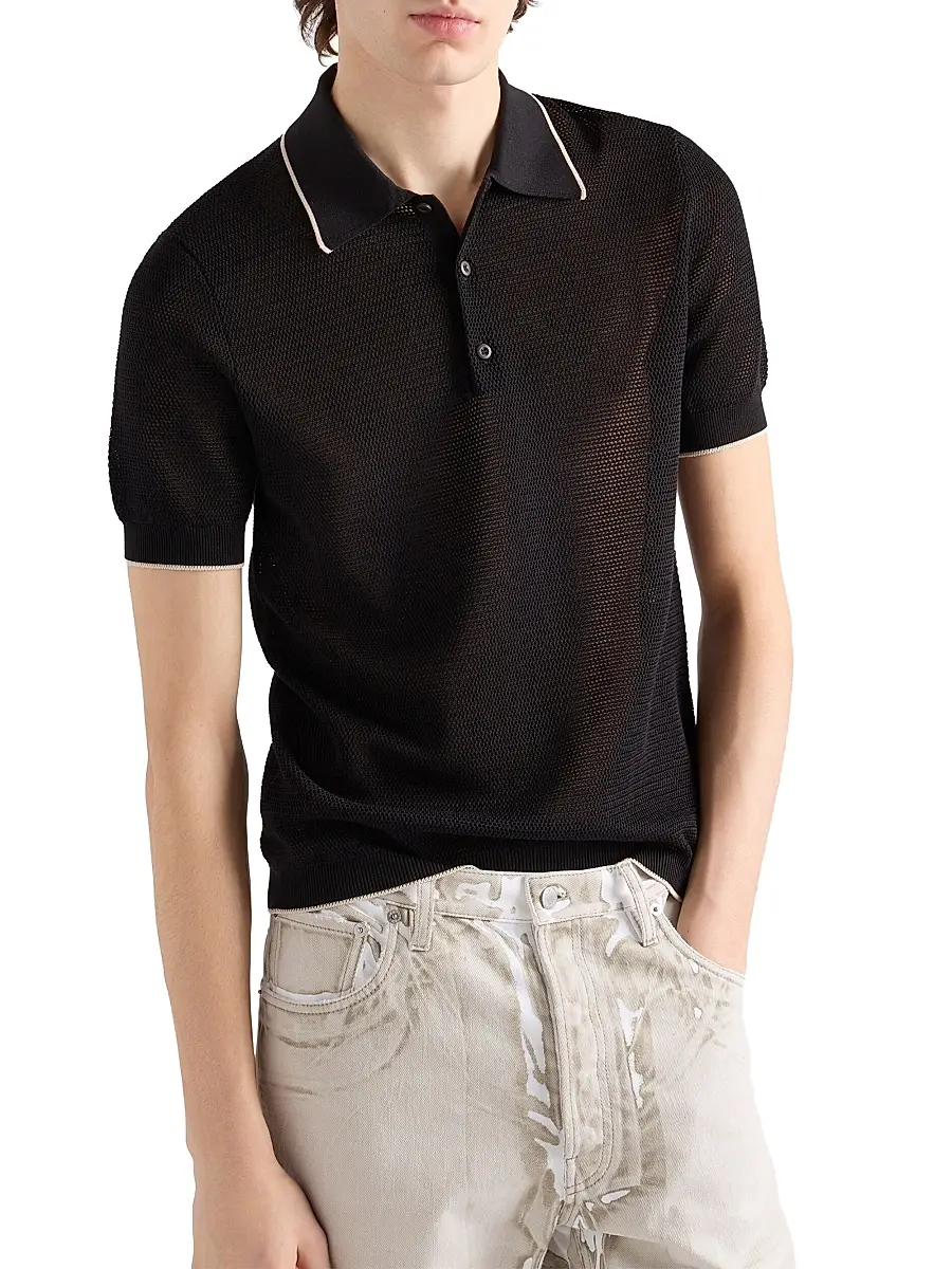 Prada Men's Silk and Cotton Polo Shirt | Thumbnail 2 Prada Men's Silk and Cotton Polo Shirt | Thumbnail 2