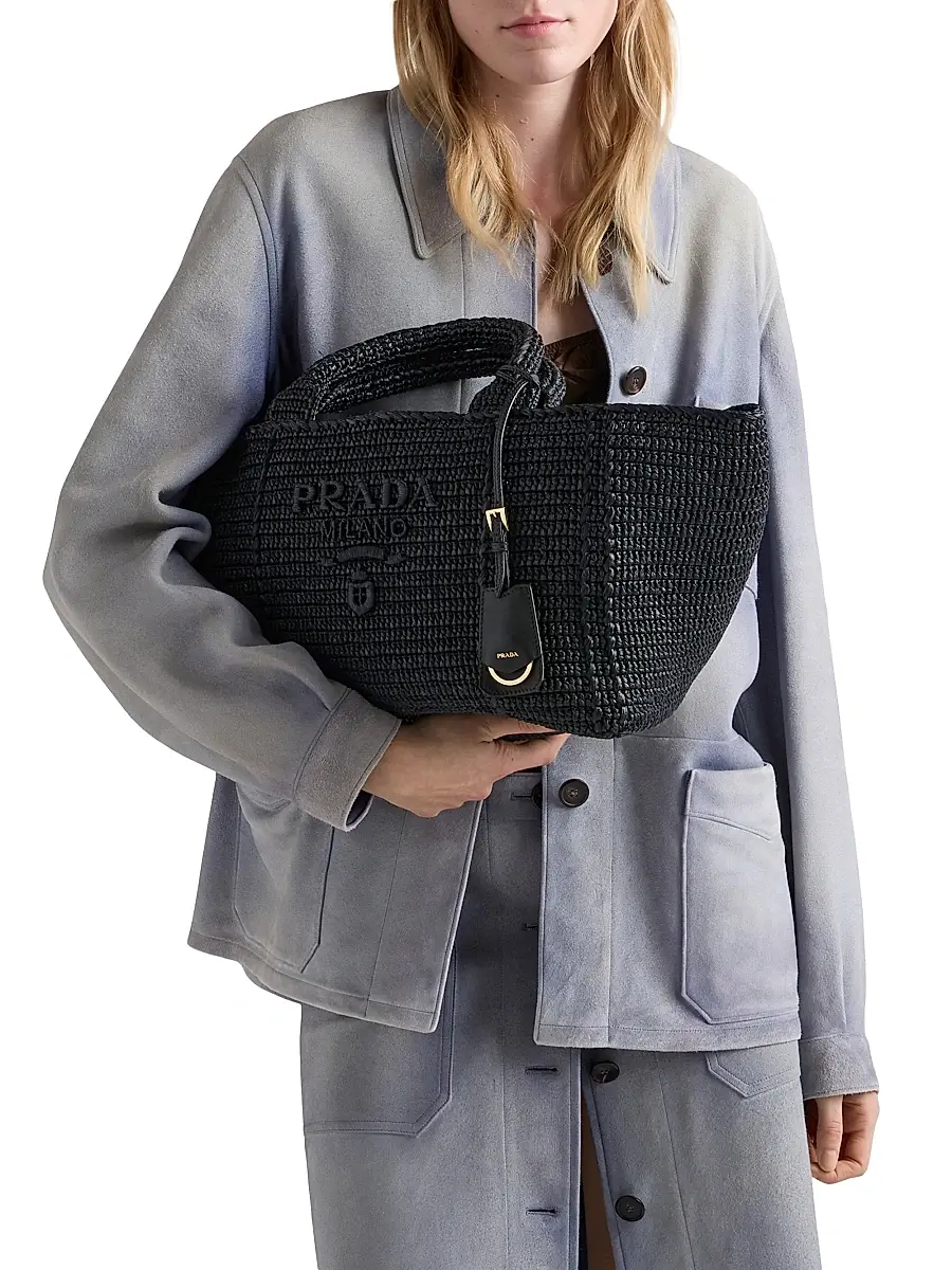 Prada Women's Large Crochet Tote Bag with Leather Details | Thumbnail 3 Prada Women's Large Crochet Tote Bag with Leather Details | Thumbnail 3