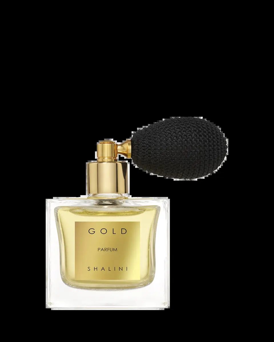 Shalini Parfum Gold Parfum Cubique Glass Flacon with Black Bulb Atomizer, 1.7 oz. | Thumbnail 2