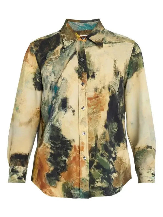 Modernist Landscape Silk Button-Down Shirt