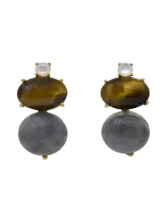 Labradorite, Tiger's Eye and Mother-of-Pearl Stacked Earrings Labradorite, Tiger's Eye and Mother-of-Pearl Stacked Earrings