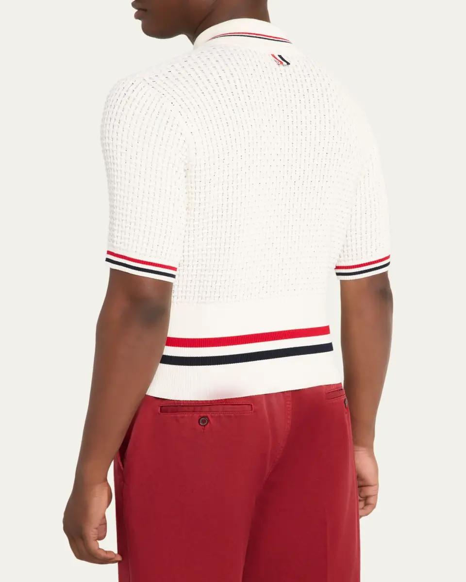 Thom Browne Men's Float Ripple Stitch RWB Stripe Polo Shirt | Thumbnail 3
