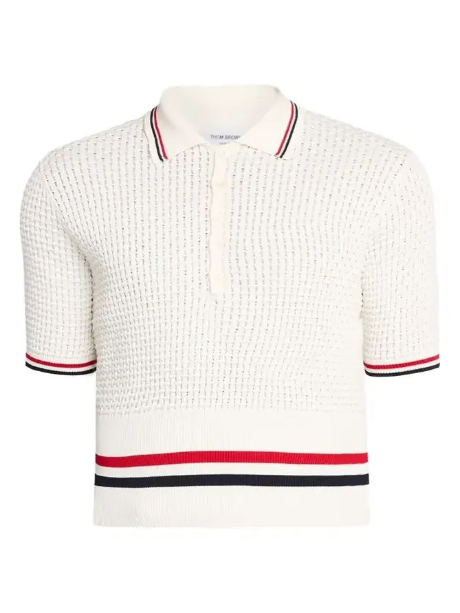 Thom Browne Men's Float Ripple Stitch RWB Stripe Polo Shirt