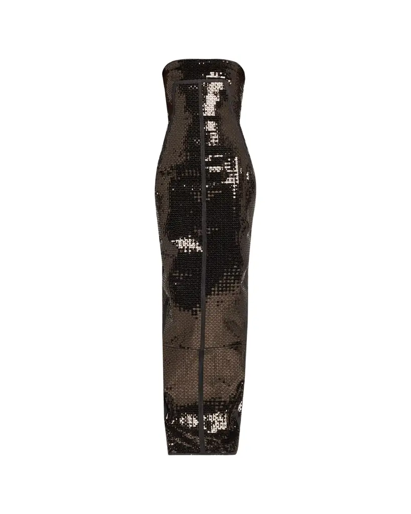 Rick Owens Strapless Sequined Denim Bustier Column Gown | Image 1 Rick Owens Strapless Sequined Denim Bustier Column Gown | Image 1