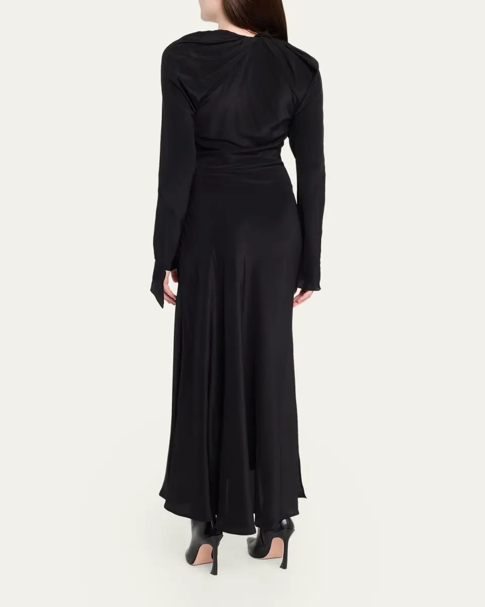 Victoria Beckham Gathered Satin Chain Necklace Long-Sleeve Maxi Dress | Thumbnail 3