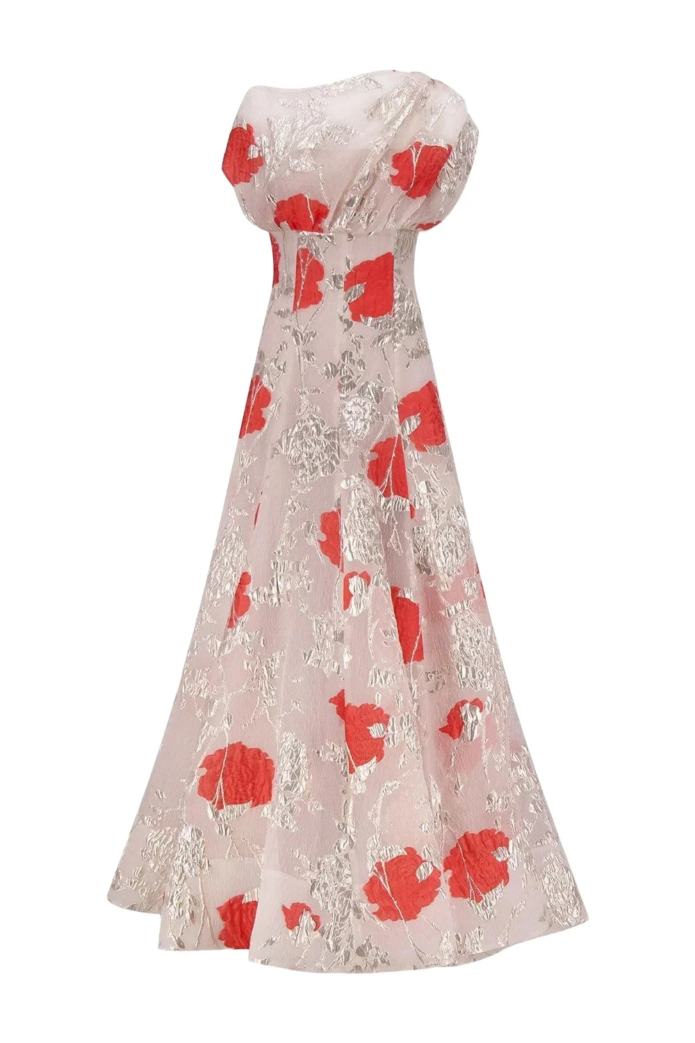 Lela Rose Floral Drape Shoulder Pleated Gown
