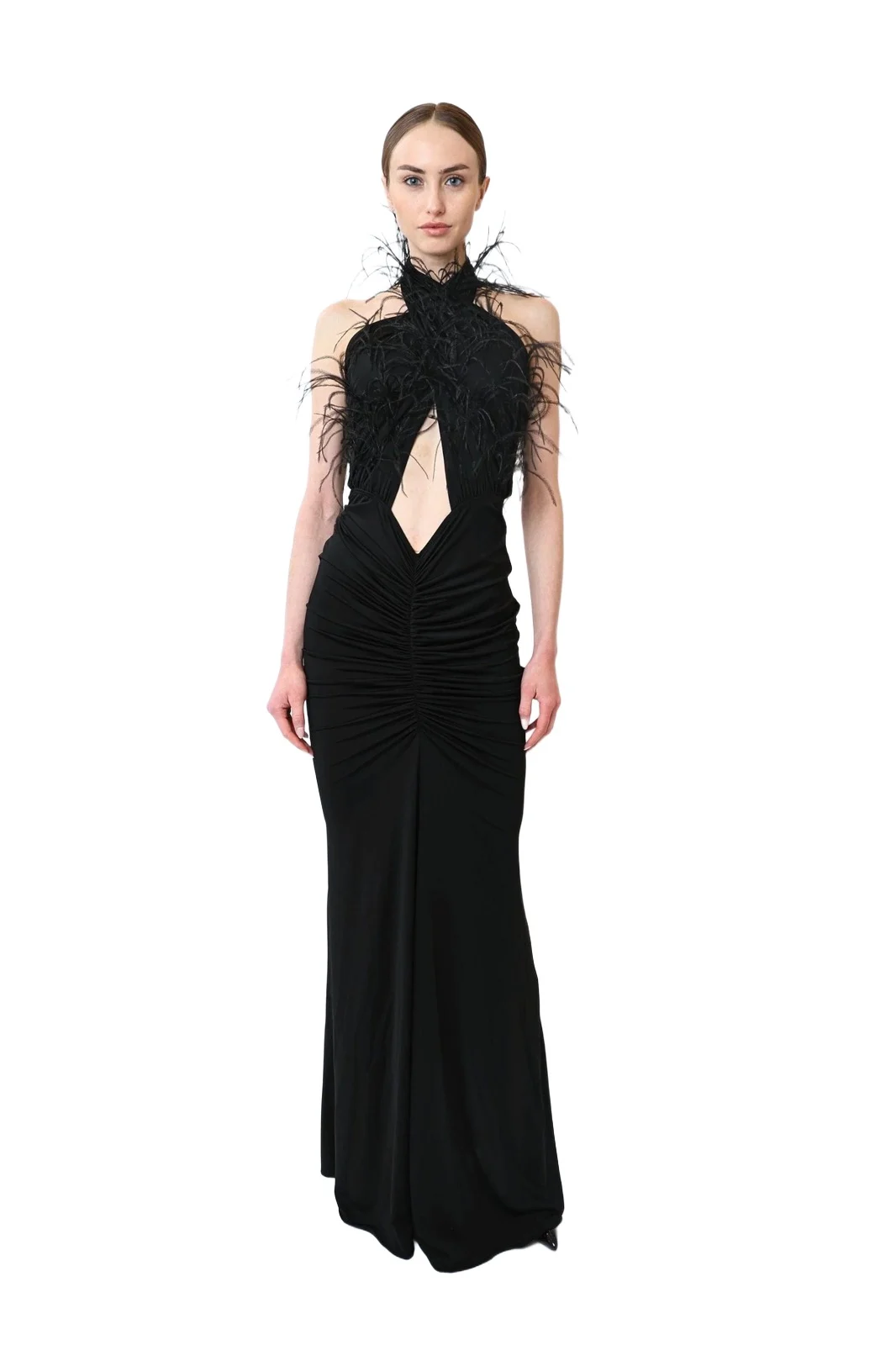 Jersey Sleeveless Halter Ruched Gown With Feathers Jersey Sleeveless Halter Ruched Gown With Feathers