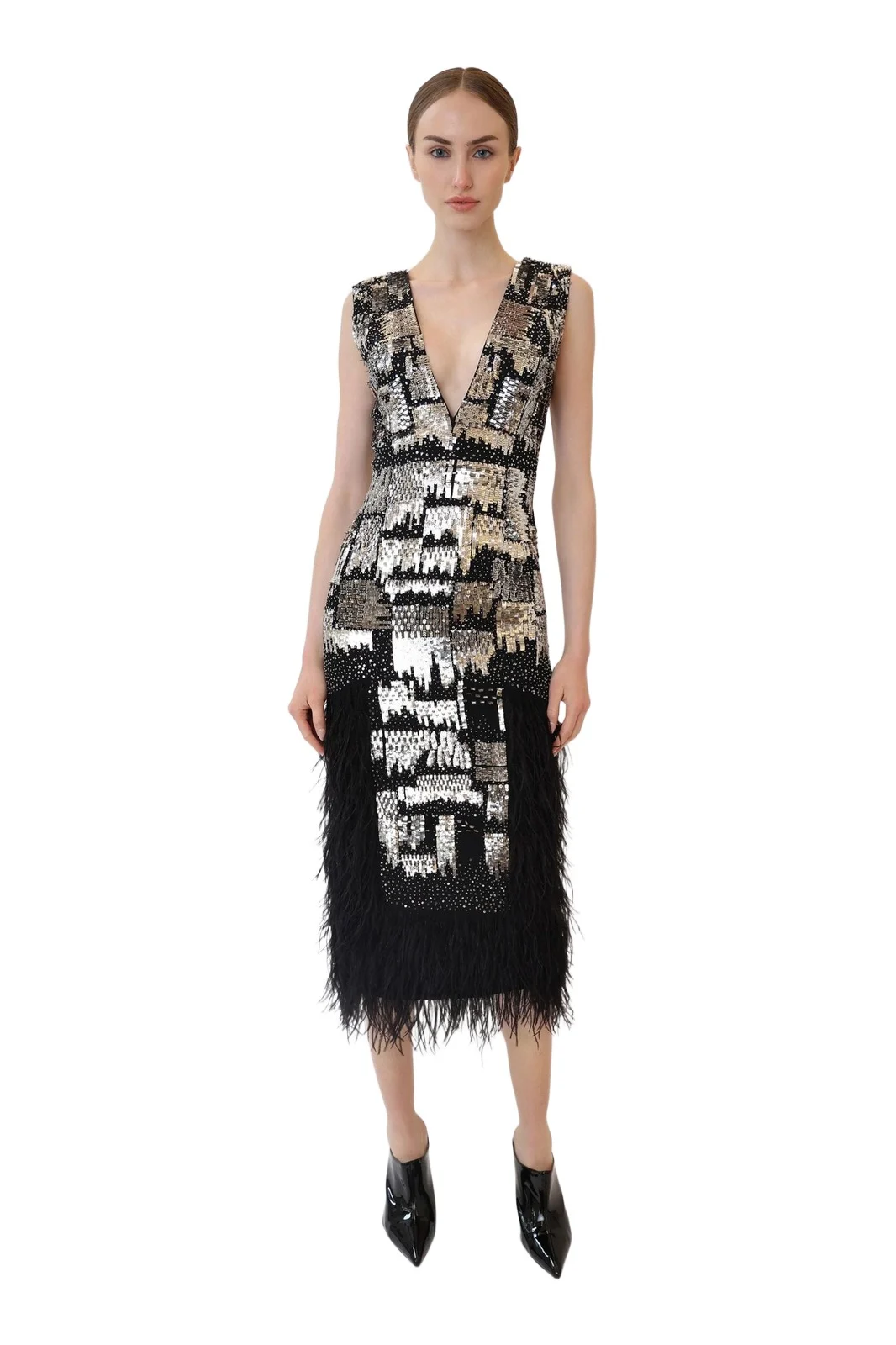 V Neck Dress With Feathers