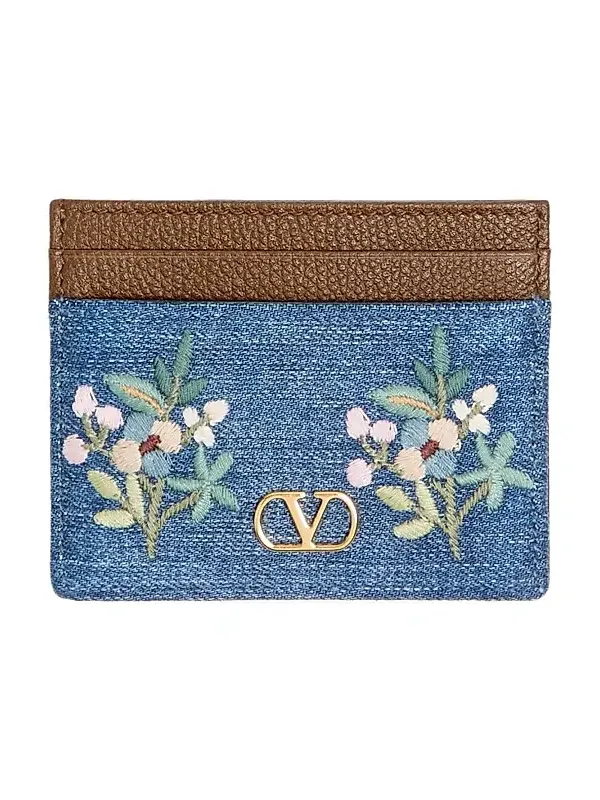 Valentino Women's VLogo Signature Card Holder in Denim with Floral Embroidery - Denim