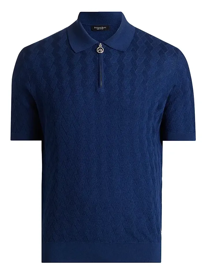Men's Textured Silk-Cotton Quarter-Zip Polo Shirt