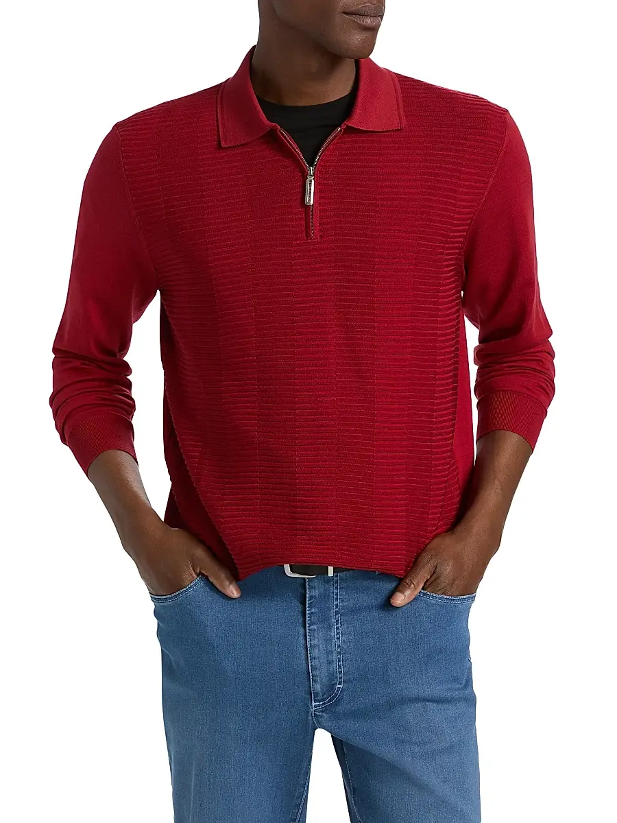 Stefano Ricci Men's Textured Silk-Cotton Quarter-Zip Polo Shirt | Thumbnail 3 Stefano Ricci Men's Textured Silk-Cotton Quarter-Zip Polo Shirt | Thumbnail 3