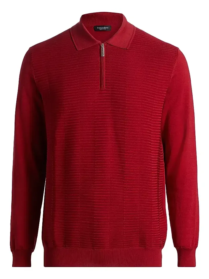 Men's Textured Silk-Cotton Quarter-Zip Polo Shirt