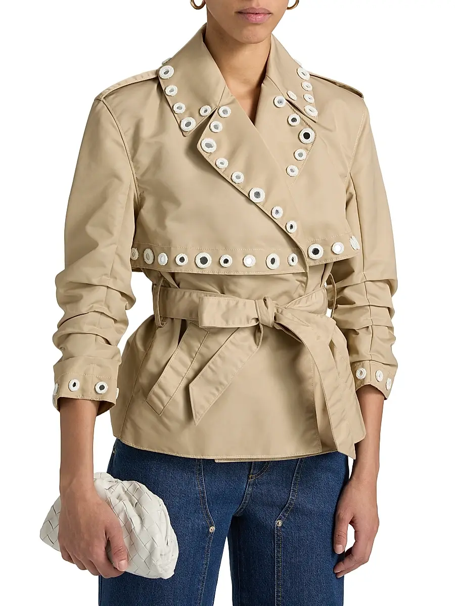 Cinq à Sept Women's Yates Crochet Mirrors Crop Trench Jacket - Khaki | Thumbnail 3 Cinq à Sept Women's Yates Crochet Mirrors Crop Trench Jacket - Khaki | Thumbnail 3
