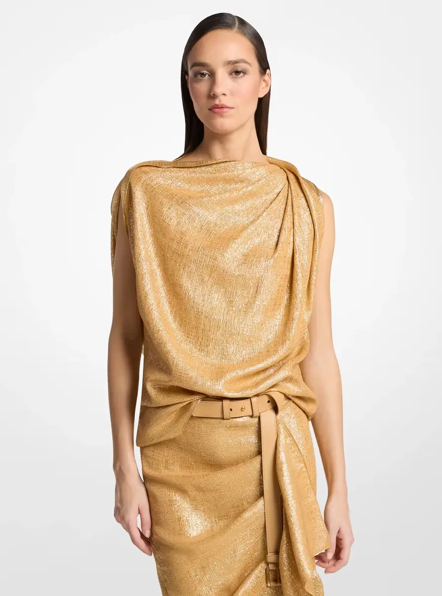 Michael Kors Collection Silk Blend Georgette Lamé Draped Blouse in Natural | Thumbnail 4 Michael Kors Collection Silk Blend Georgette Lamé Draped Blouse in Natural | Thumbnail 4