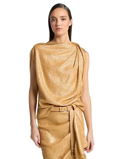 Michael Kors Collection Silk Blend Georgette Lamé Draped Blouse in Natural